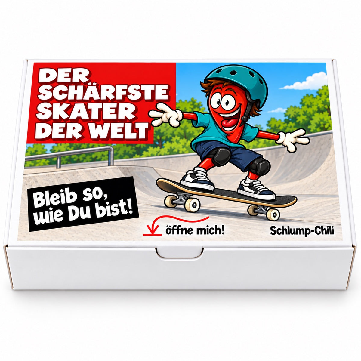 Der schärfste Skater der Welt – Frontansicht der Chili-Geschenkbox