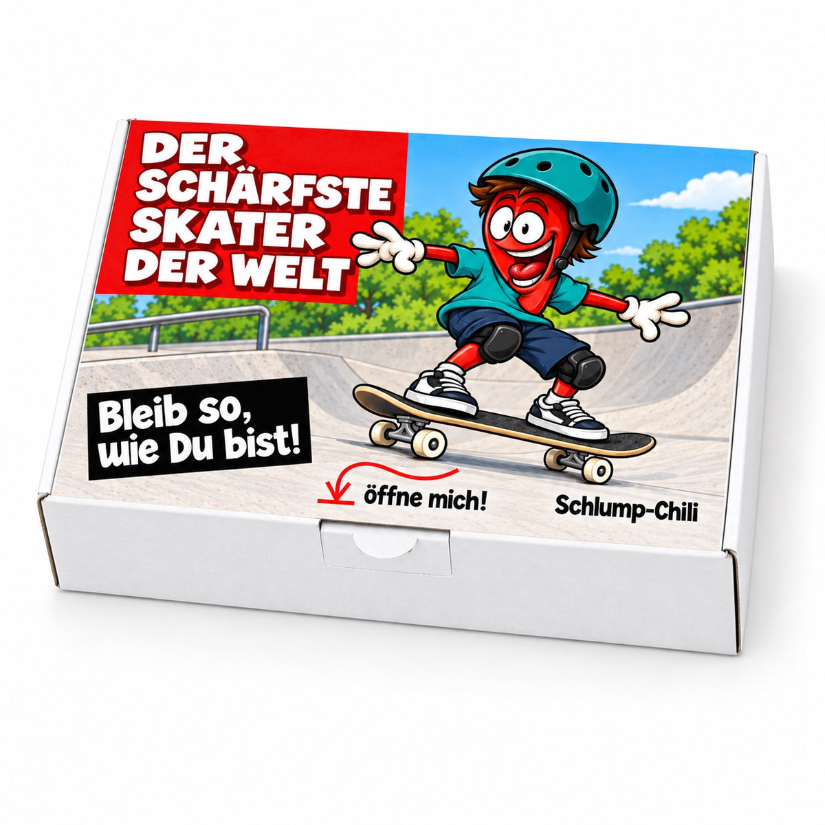 Der schärfste Skater der Welt – Schrägansicht der Chili-Geschenkbox