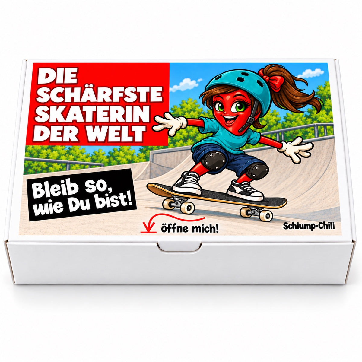 Die schärfste Skaterin der Welt – Frontansicht der Chili-Geschenkbox