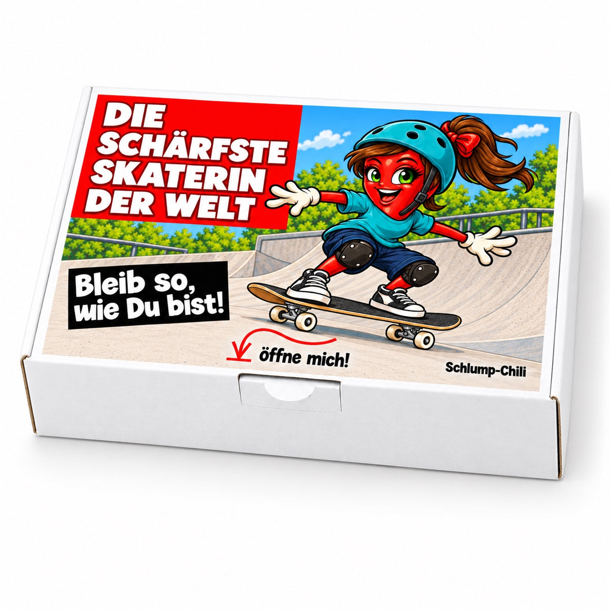 Die schärfste Skaterin der Welt – Schrägansicht der Chili-Geschenkbox
