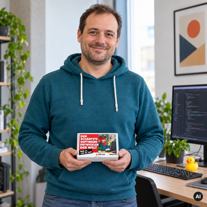 Der schärfste Softwareentwickler der Welt – Lifestylebild mit kleiner A6-Geschenkschachtel
