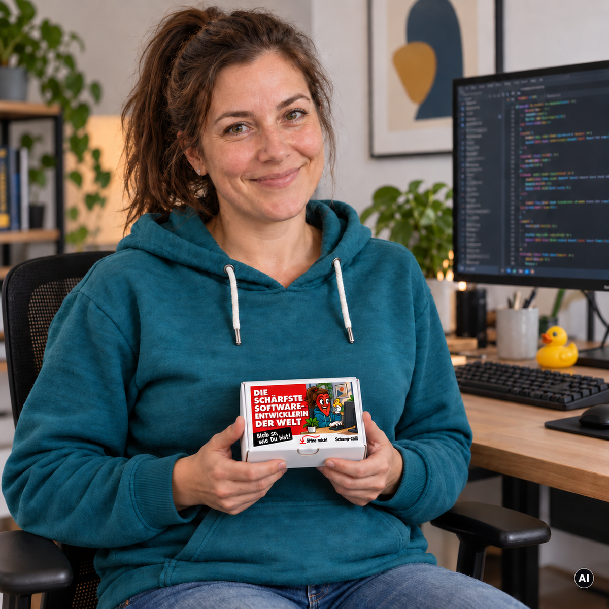 Die schärfste Softwareentwicklerin der Welt – Lifestylebild mit kleiner A6-Geschenkschachtel