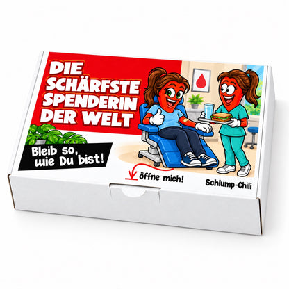 Die schärfste Spenderin der Welt – Schrägansicht der Chili-Geschenkbox mit Blutspende-Motiv