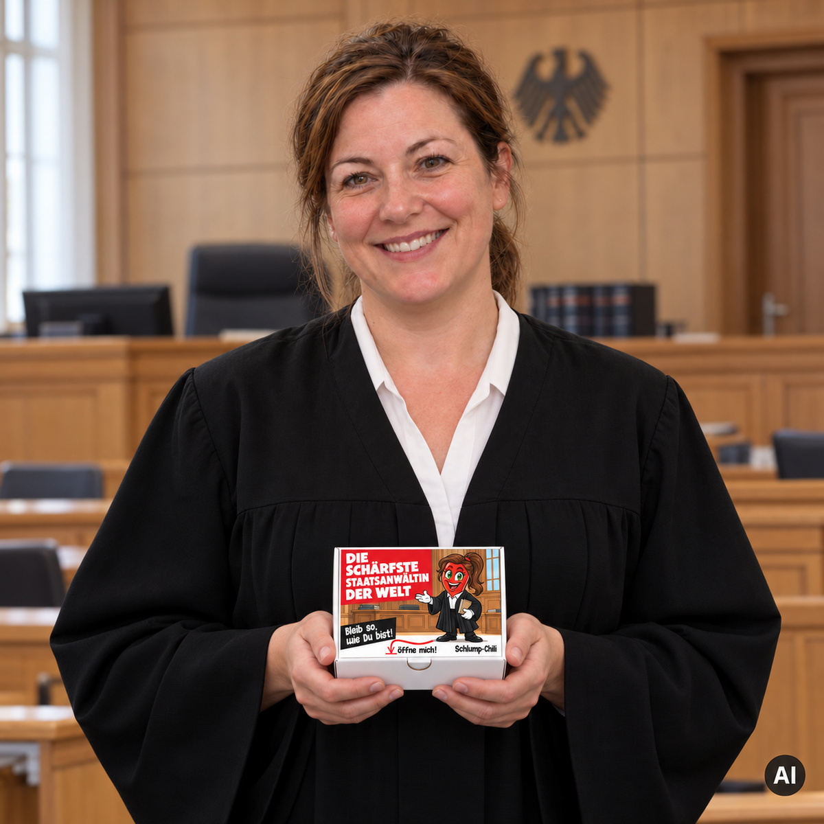 Die schärfste Staatsanwältin der Welt – Lifestylebild mit kleiner Geschenkbox (AI)