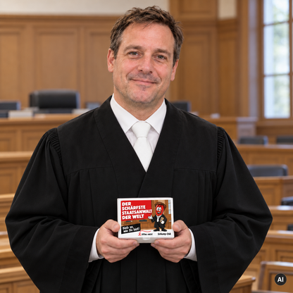 Der schärfste Staatsanwalt der Welt – Lifestylebild mit kleiner Geschenkbox (AI)