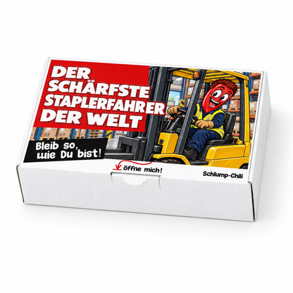 Der schärfste Staplerfahrer der Welt – Geschenkbox Schrägansicht