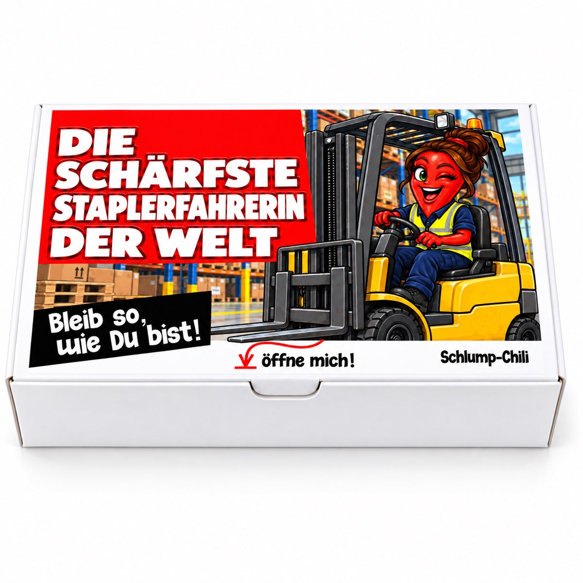 Die schärfste Staplerfahrerin der Welt – Geschenkbox Vorderansicht