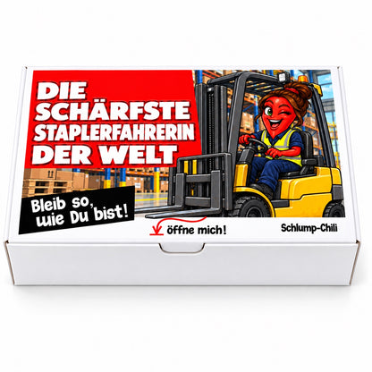 Die schärfste Staplerfahrerin der Welt – Geschenkbox Vorderansicht