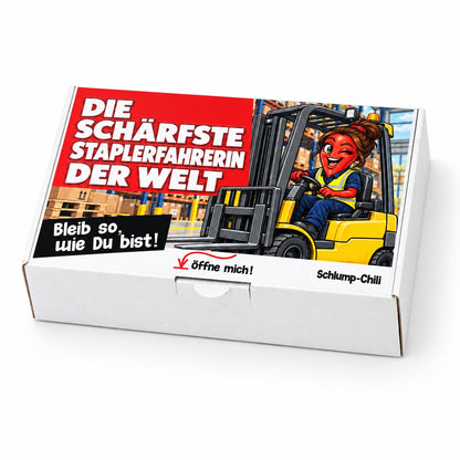 Die schärfste Staplerfahrerin der Welt – Geschenkbox Schrägansicht