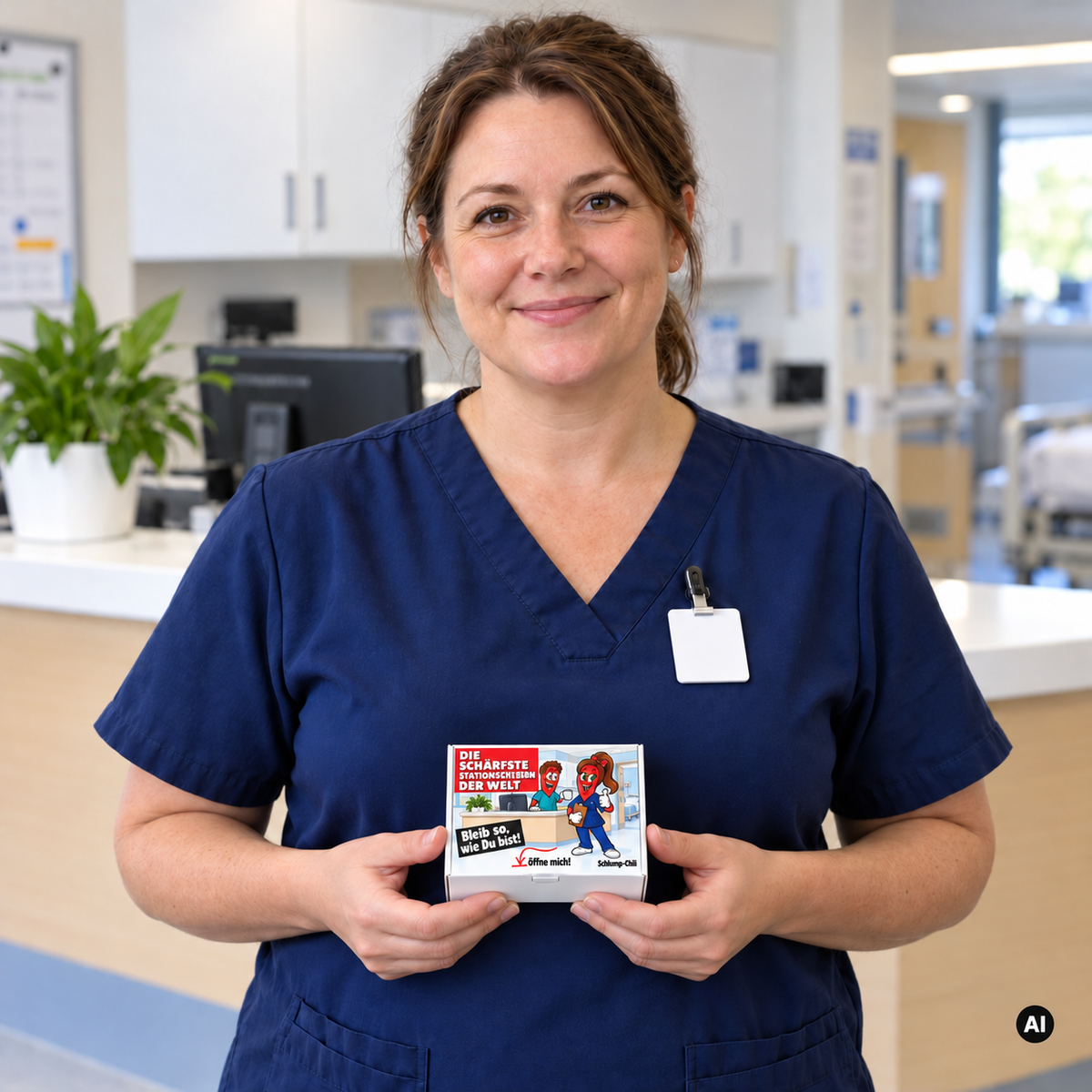Die schärfste Stationsleiterin der Welt – Lifestylebild mit kleiner Geschenkbox (AI)