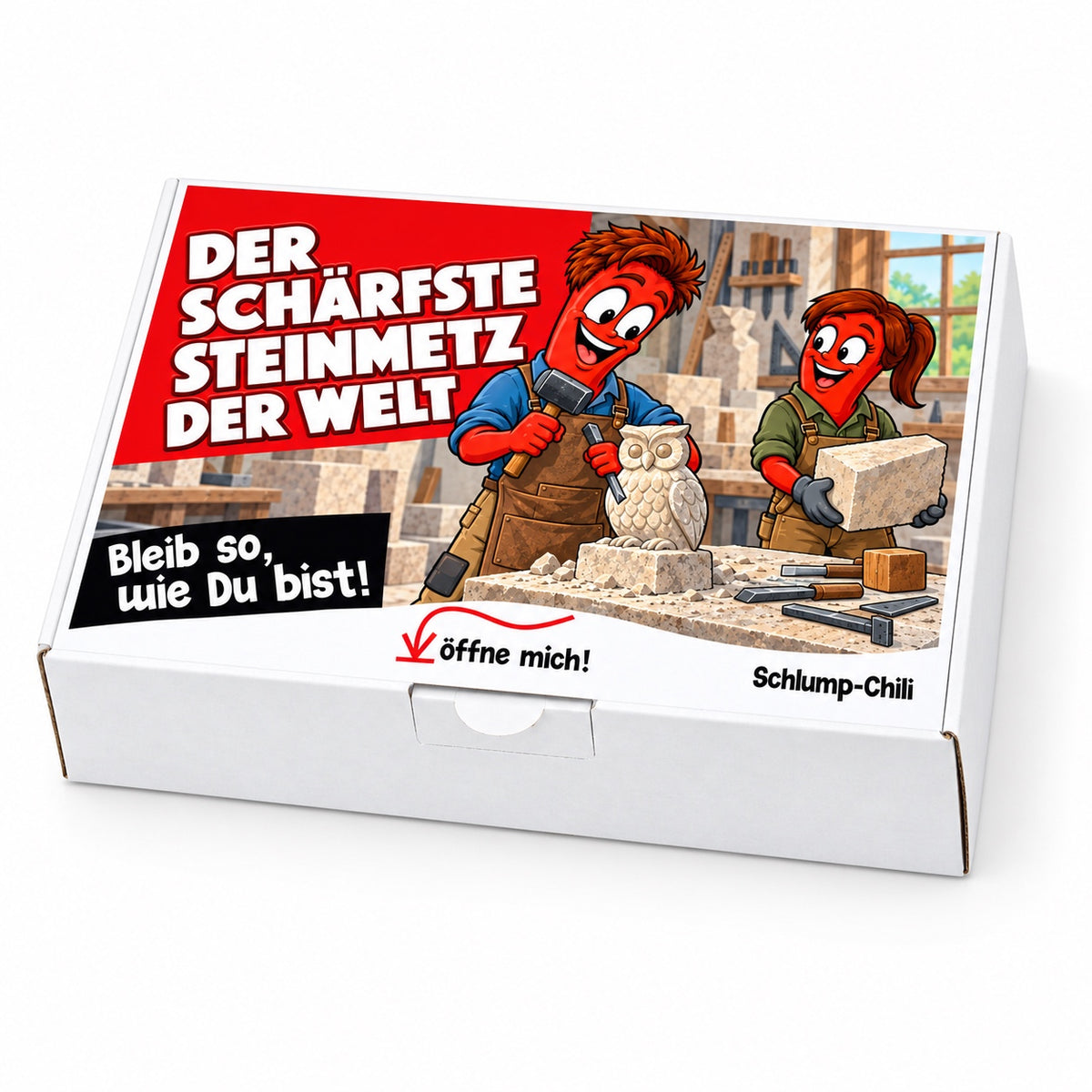 Der schärfste Steinmetz der Welt – weiße Geschenkbox, Schrägansicht