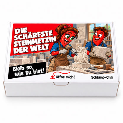 Die schärfste Steinmetzin der Welt – weiße Geschenkbox, Vorderansicht