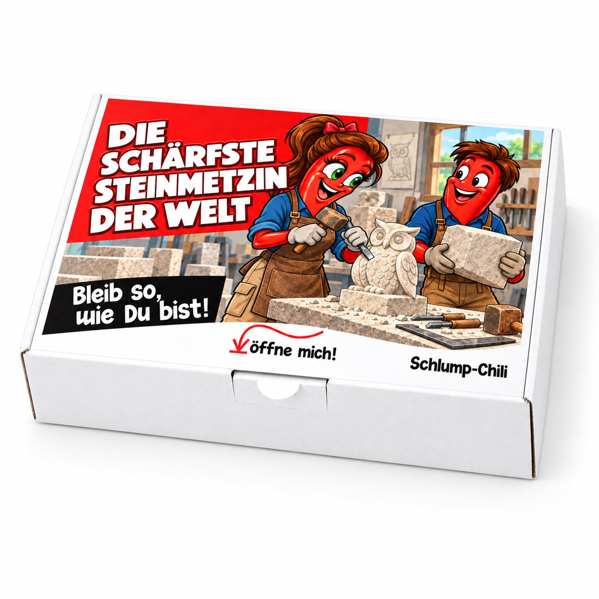 Die schärfste Steinmetzin der Welt – weiße Geschenkbox, Schrägansicht