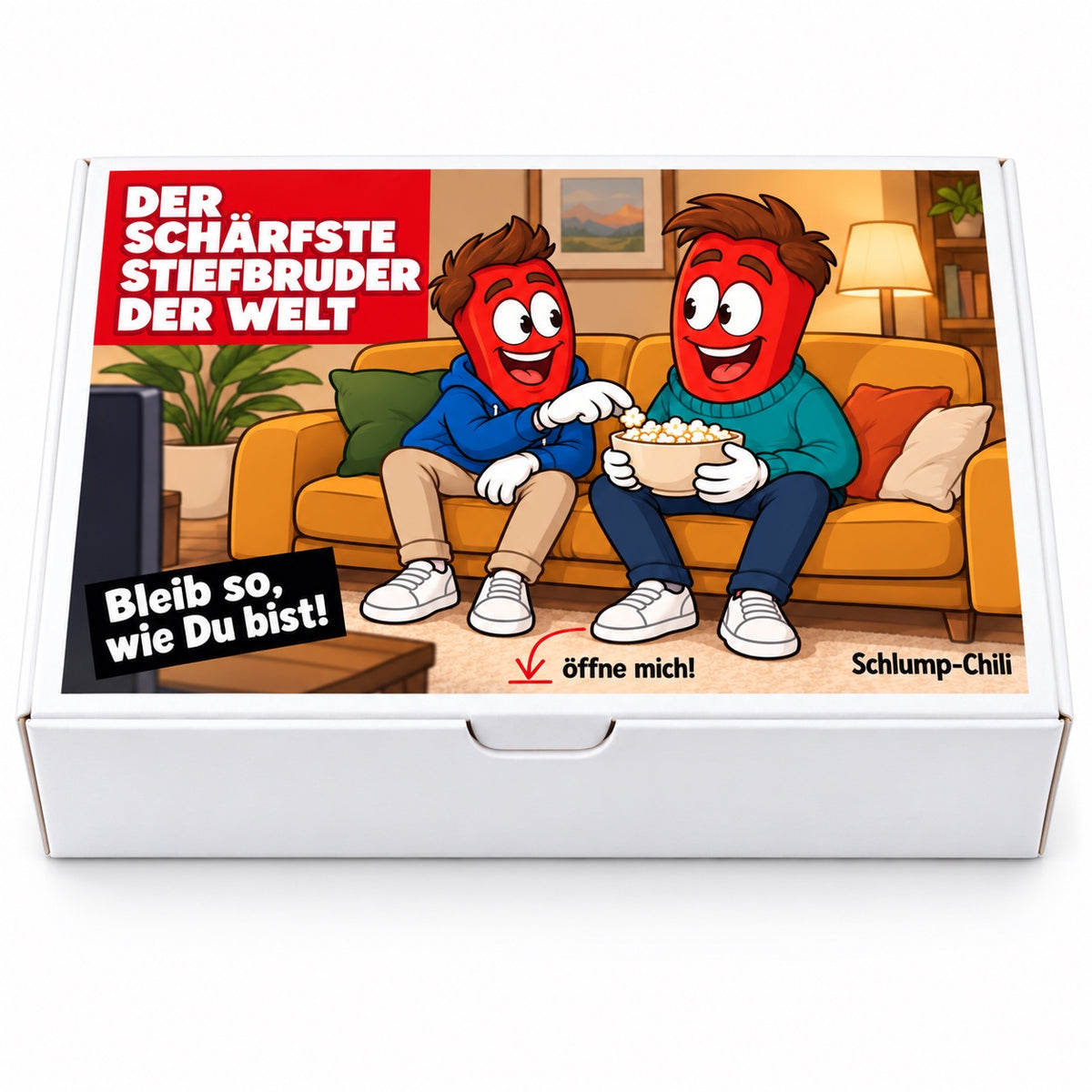 Der schärfste Stiefbruder der Welt – Frontansicht der Chili-Geschenkbox
