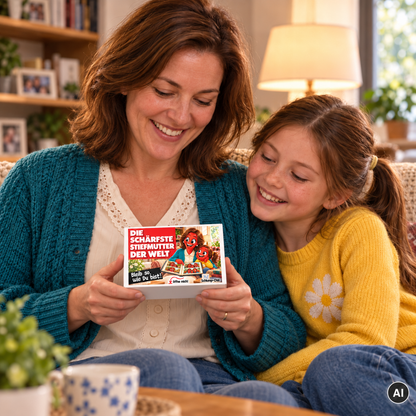 Die schärfste Stiefmutter der Welt – kleine Geschenkbox in der Hand (AI)