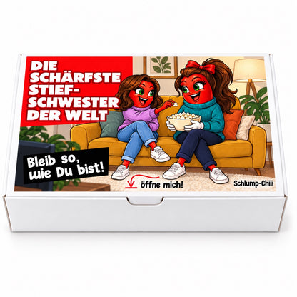 Die schärfste Stiefschwester der Welt – Frontansicht der Chili-Geschenkbox