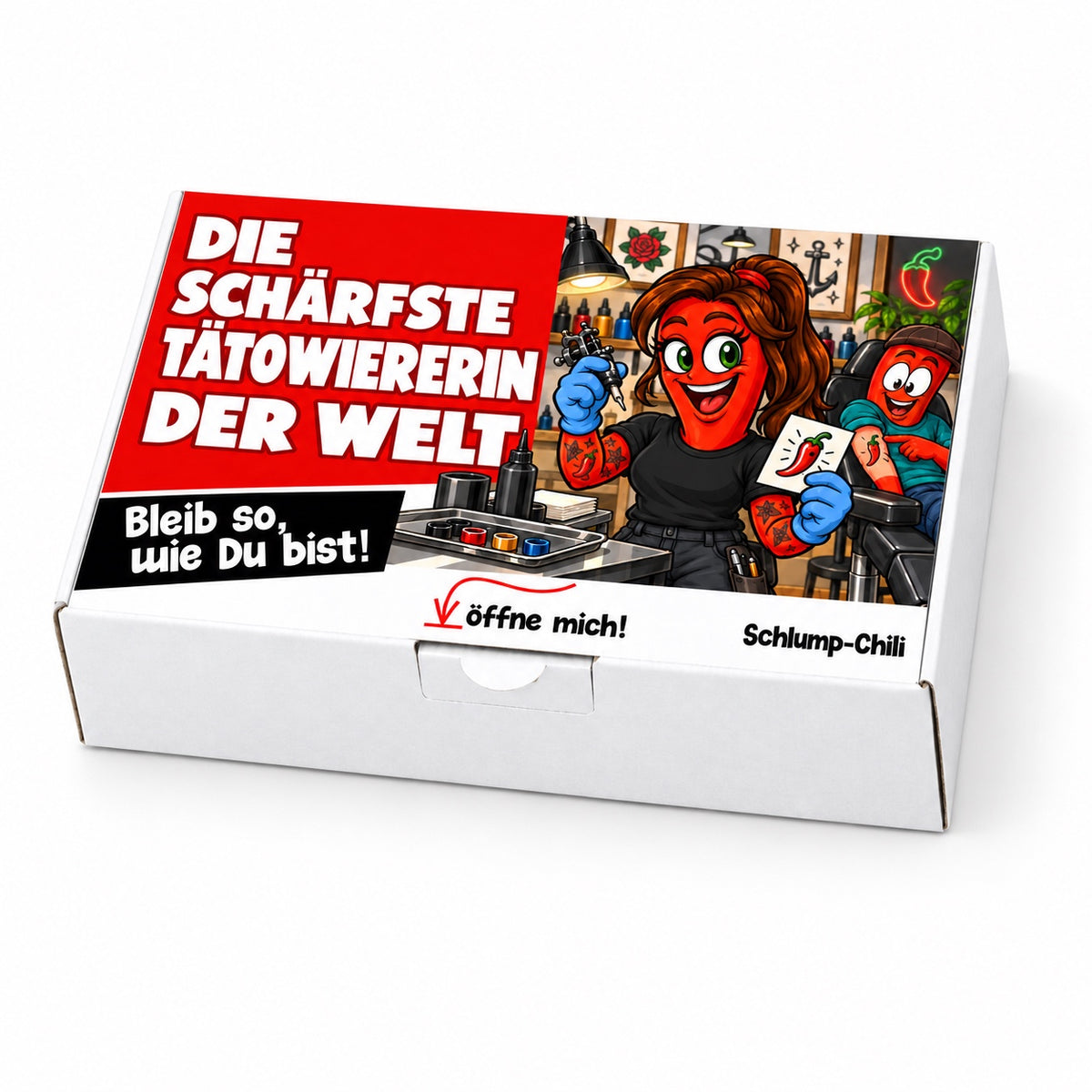 Die schärfste Tätowiererin der Welt – Geschenkschachtel schräg