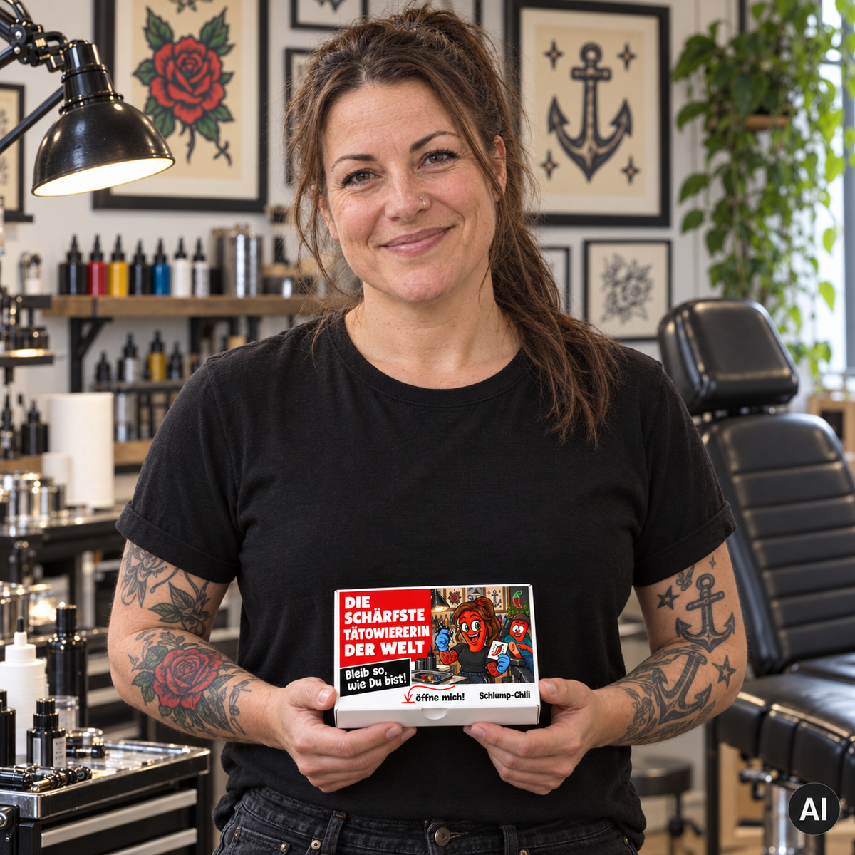 Die schärfste Tätowiererin der Welt – Lifestylebild mit kleiner A6-Geschenkschachtel
