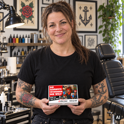 Die schärfste Tätowiererin der Welt – Lifestylebild mit kleiner A6-Geschenkschachtel