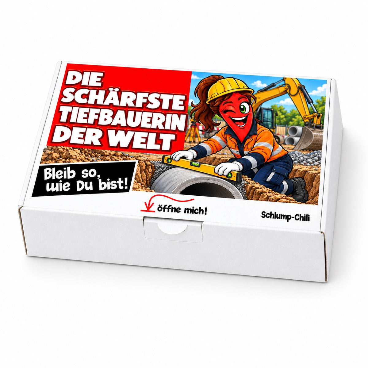Die schärfste Tiefbauerin der Welt – Geschenkbox Schrägansicht