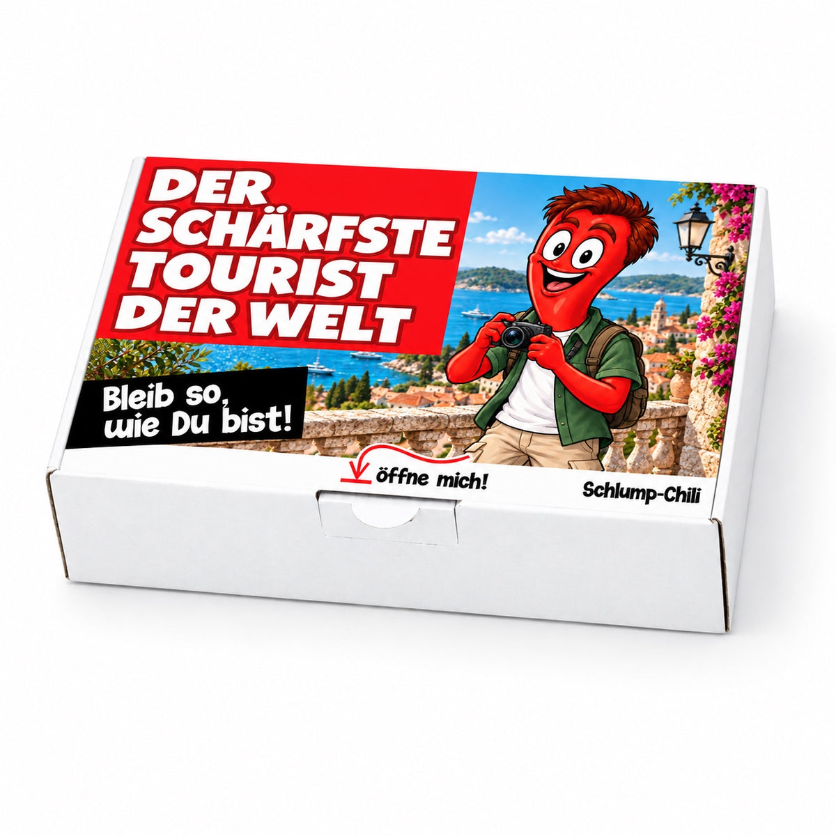 Der schärfste Tourist der Welt – Geschenkbox Schrägansicht