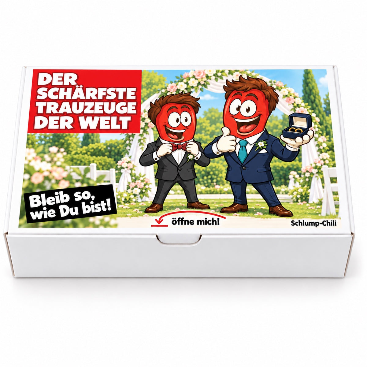 Der schärfste Trauzeuge der Welt – Frontansicht der Chili-Geschenkbox