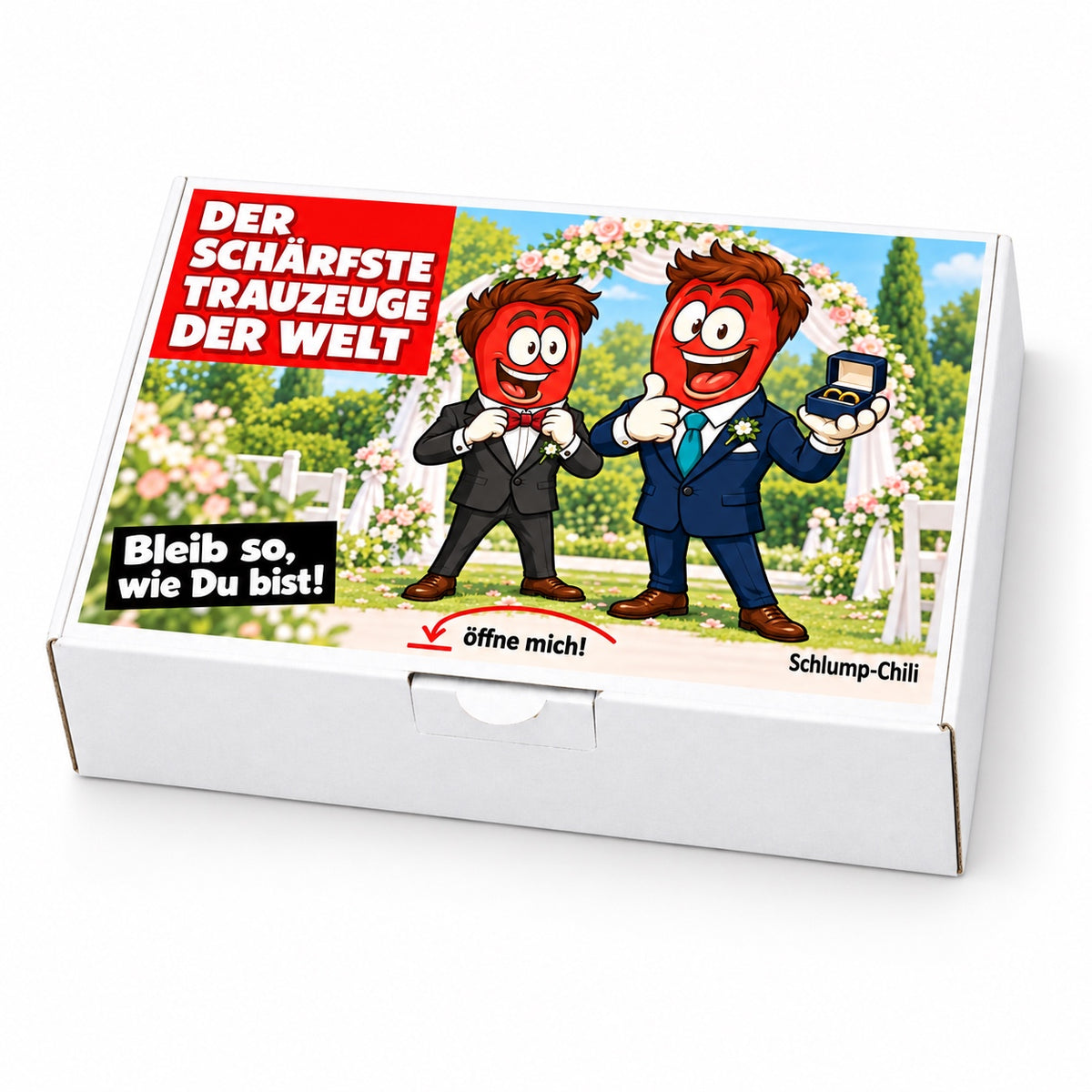 Der schärfste Trauzeuge der Welt – Schrägansicht der Chili-Geschenkbox