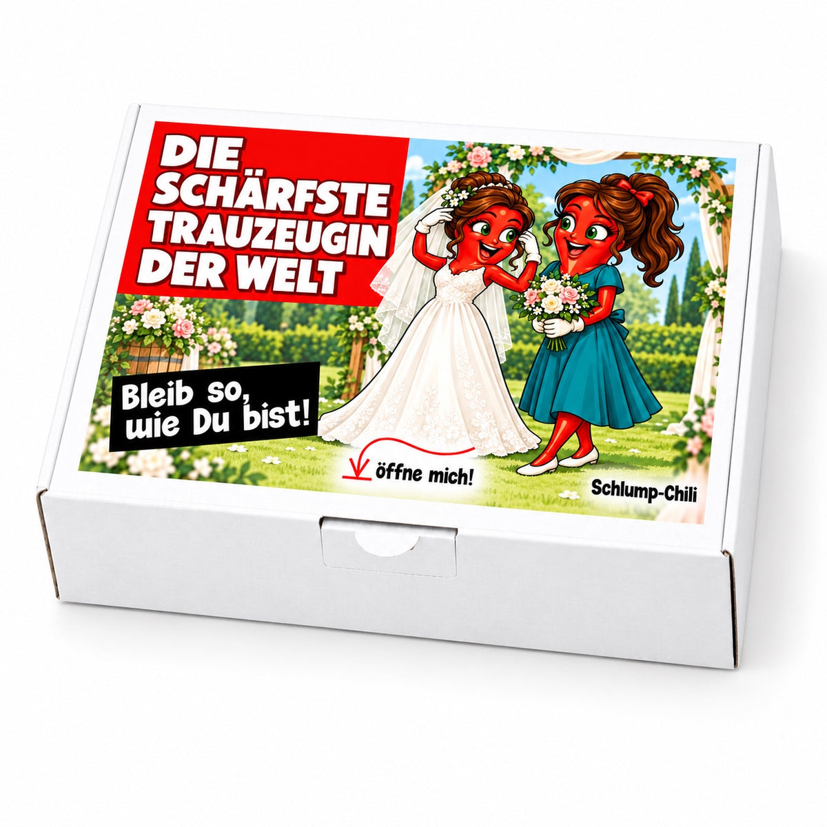 Die schärfste Trauzeugin der Welt – Schrägansicht der Chili-Geschenkbox