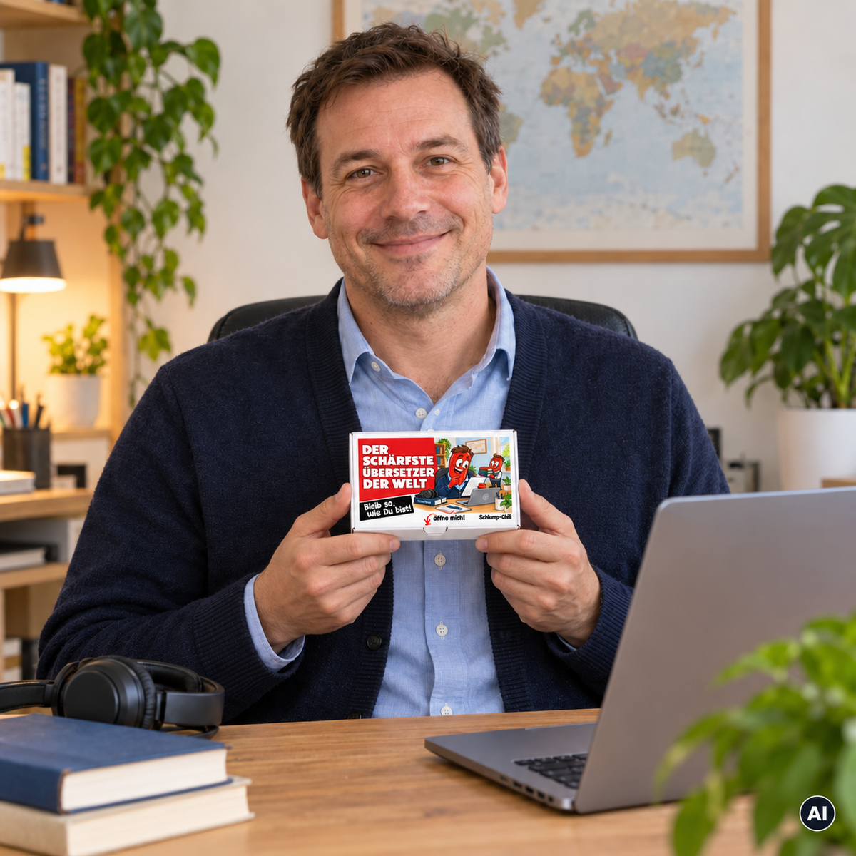 Der schärfste Übersetzer der Welt – Lifestylebild mit kleiner A6-Geschenkschachtel