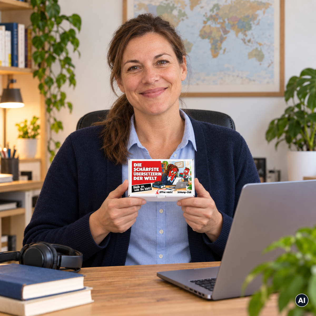 Die schärfste Übersetzerin der Welt – Lifestylebild mit kleiner A6-Geschenkschachtel