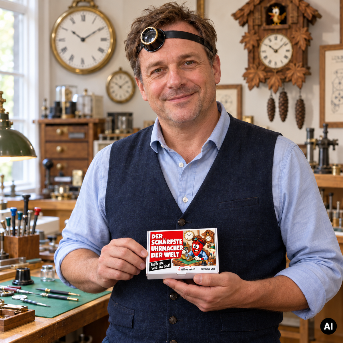 Der schärfste Uhrmacher der Welt – Lifestylebild mit kleiner A6-Geschenkschachtel