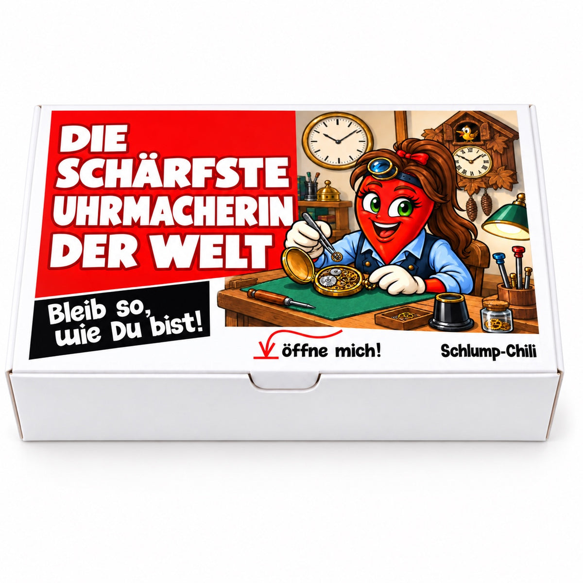 Die schärfste Uhrmacherin der Welt – Geschenkschachtel frontal