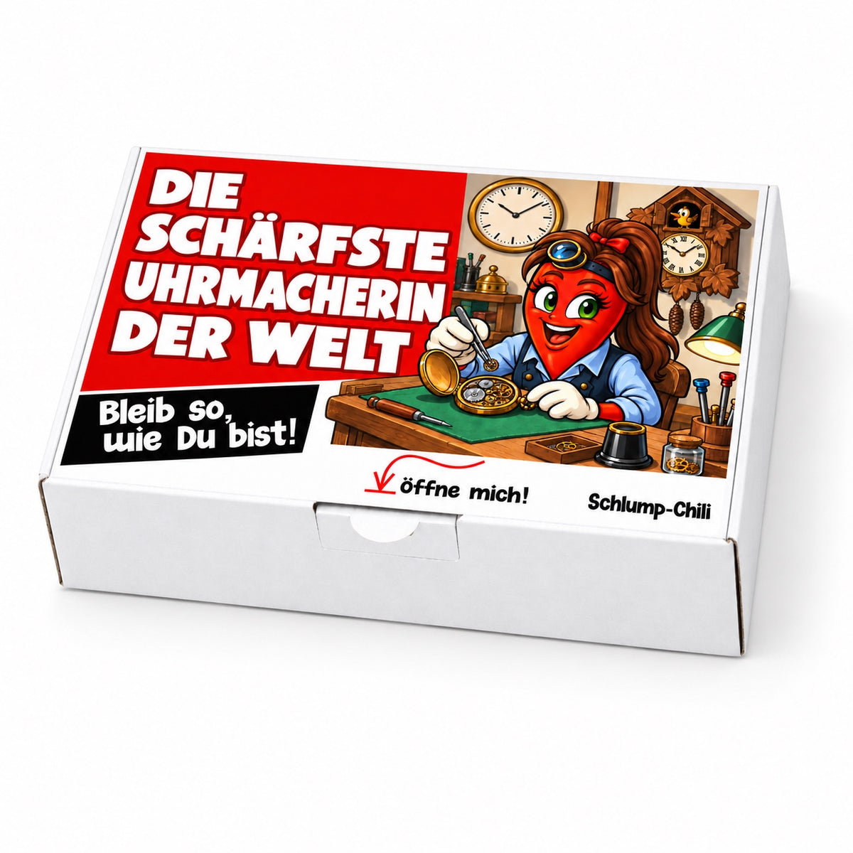 Die schärfste Uhrmacherin der Welt – Geschenkschachtel schräg