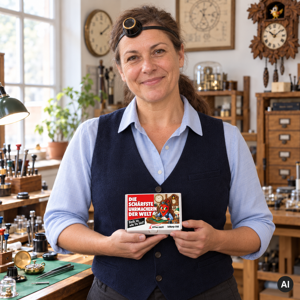 Die schärfste Uhrmacherin der Welt – Lifestylebild mit kleiner A6-Geschenkschachtel