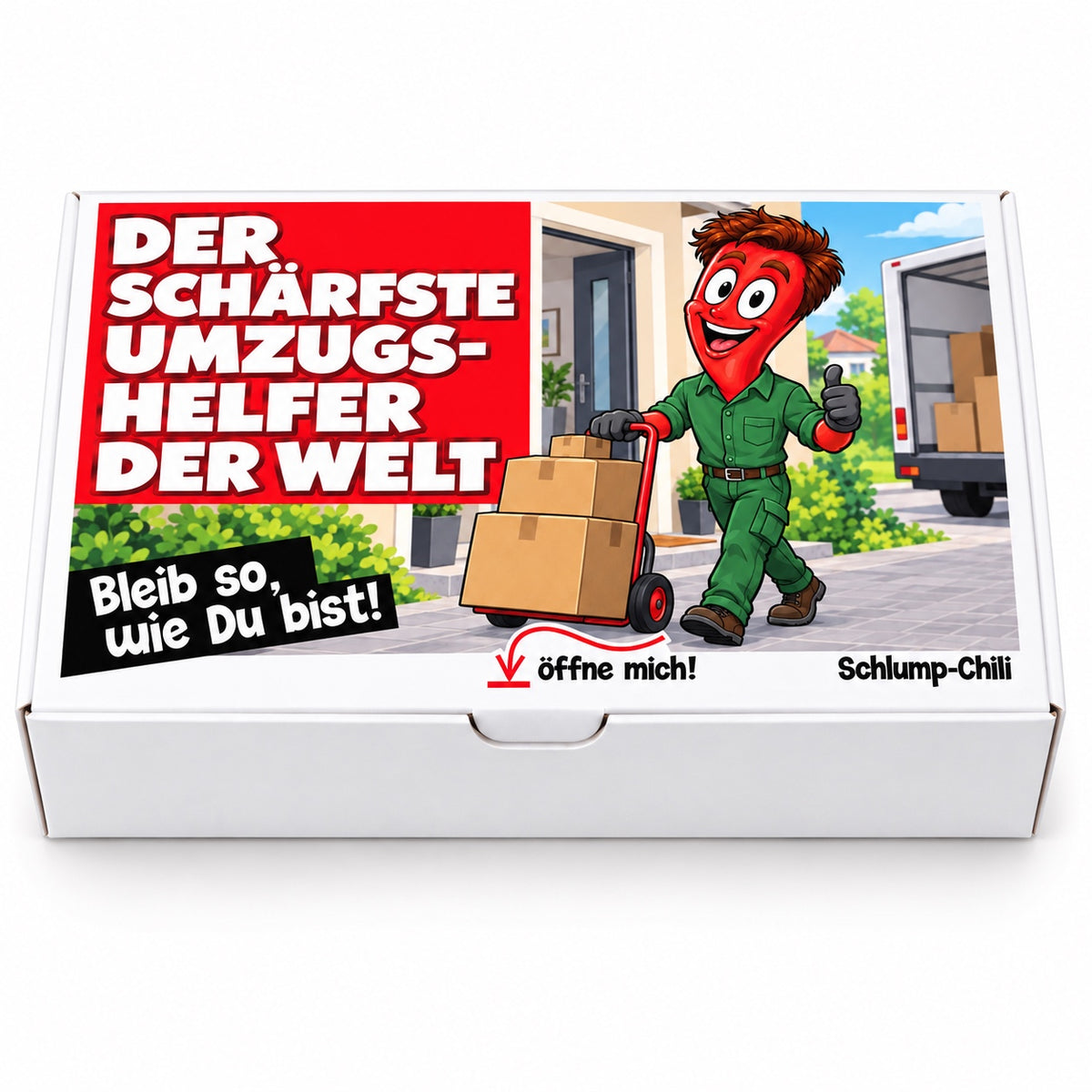 Der schärfste Umzugshelfer der Welt – Geschenkbox Vorderansicht