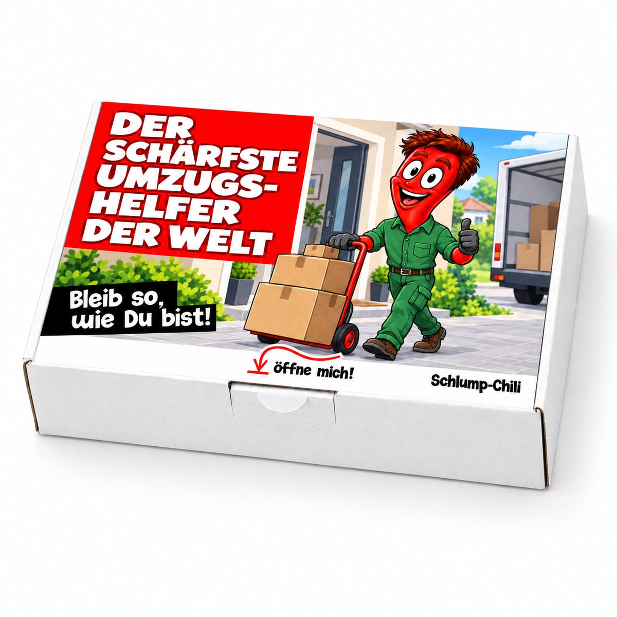 Der schärfste Umzugshelfer der Welt – Geschenkbox Schrägansicht