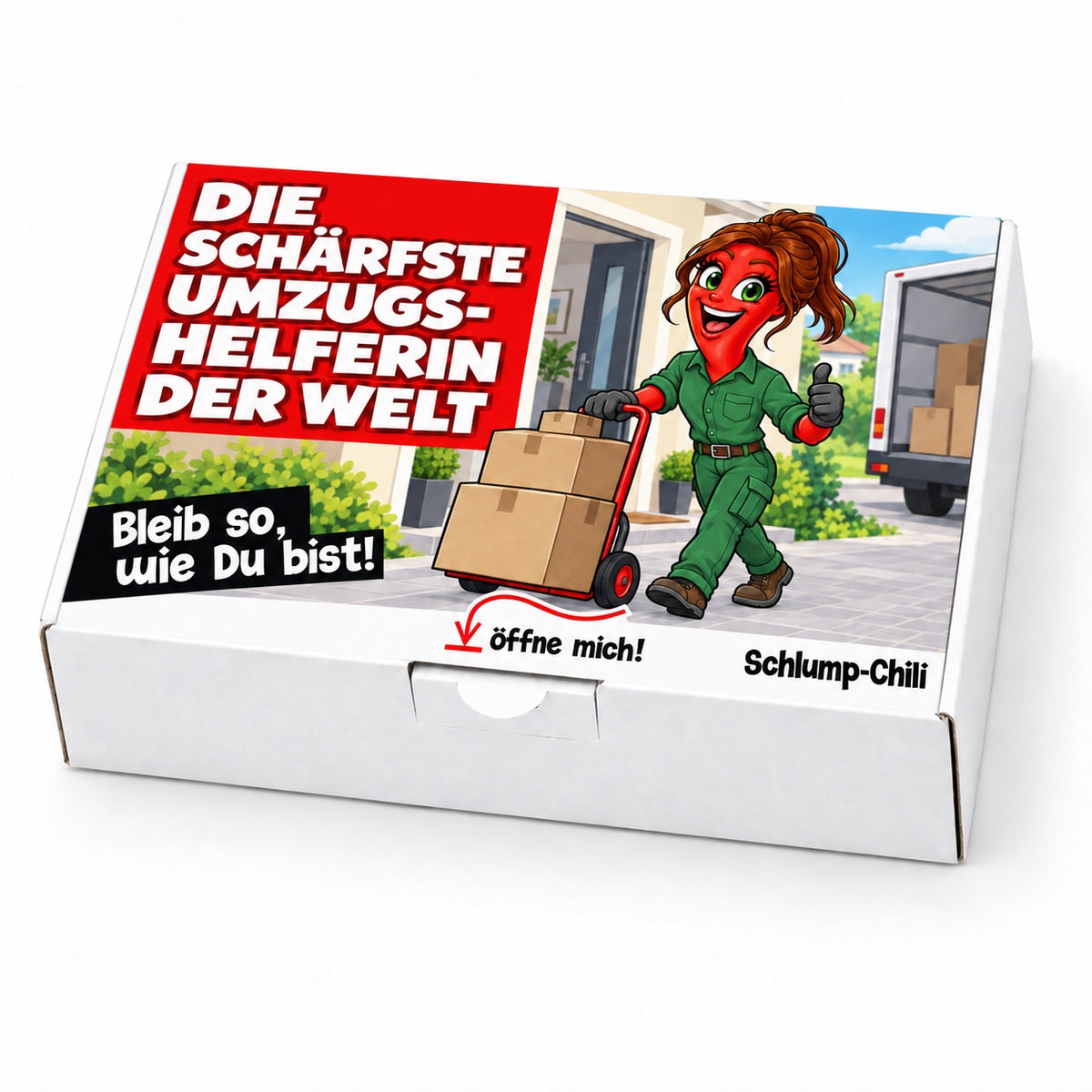 Die schärfste Umzugshelferin der Welt – Geschenkbox Schrägansicht