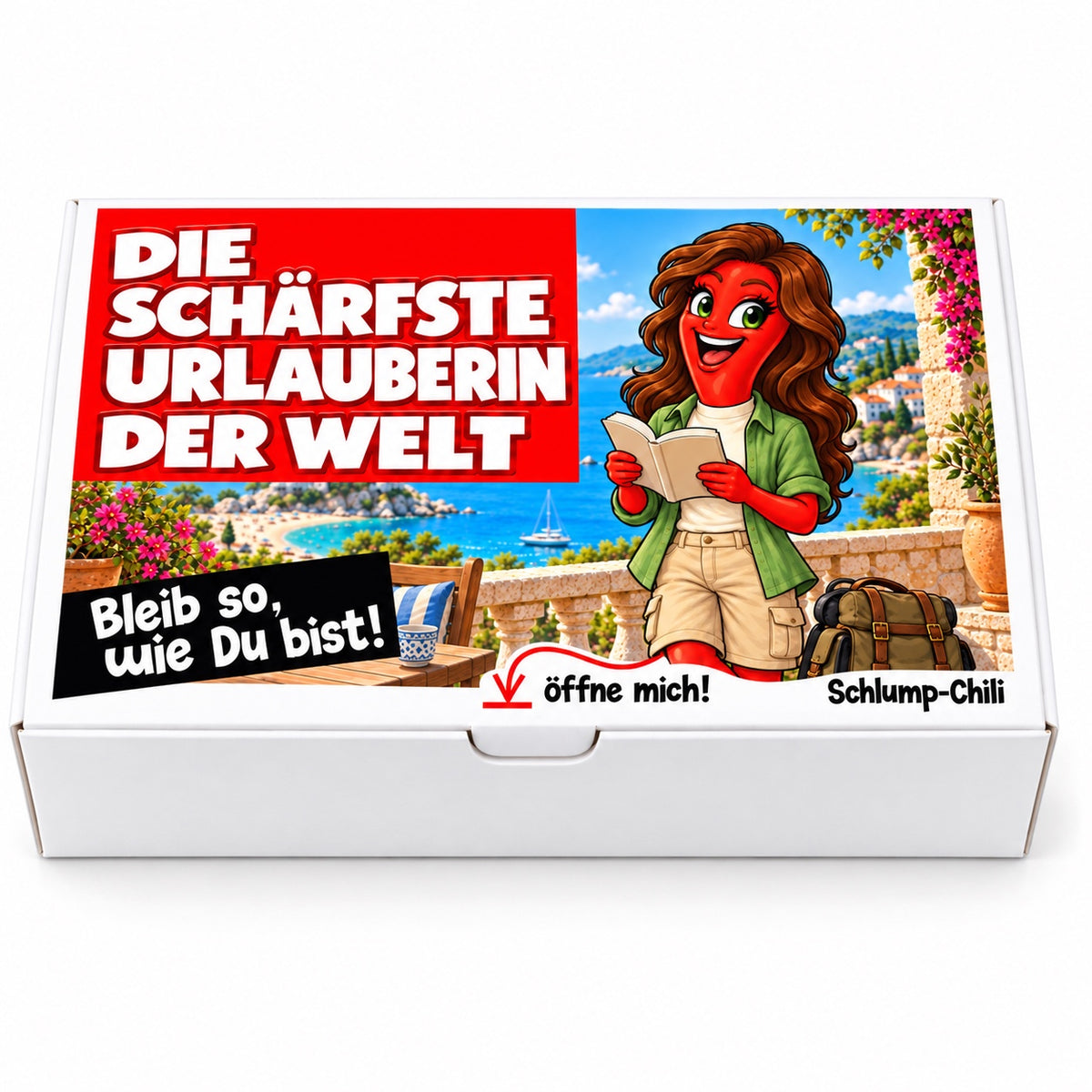 Die schärfste Urlauberin der Welt – Geschenkbox Vorderansicht
