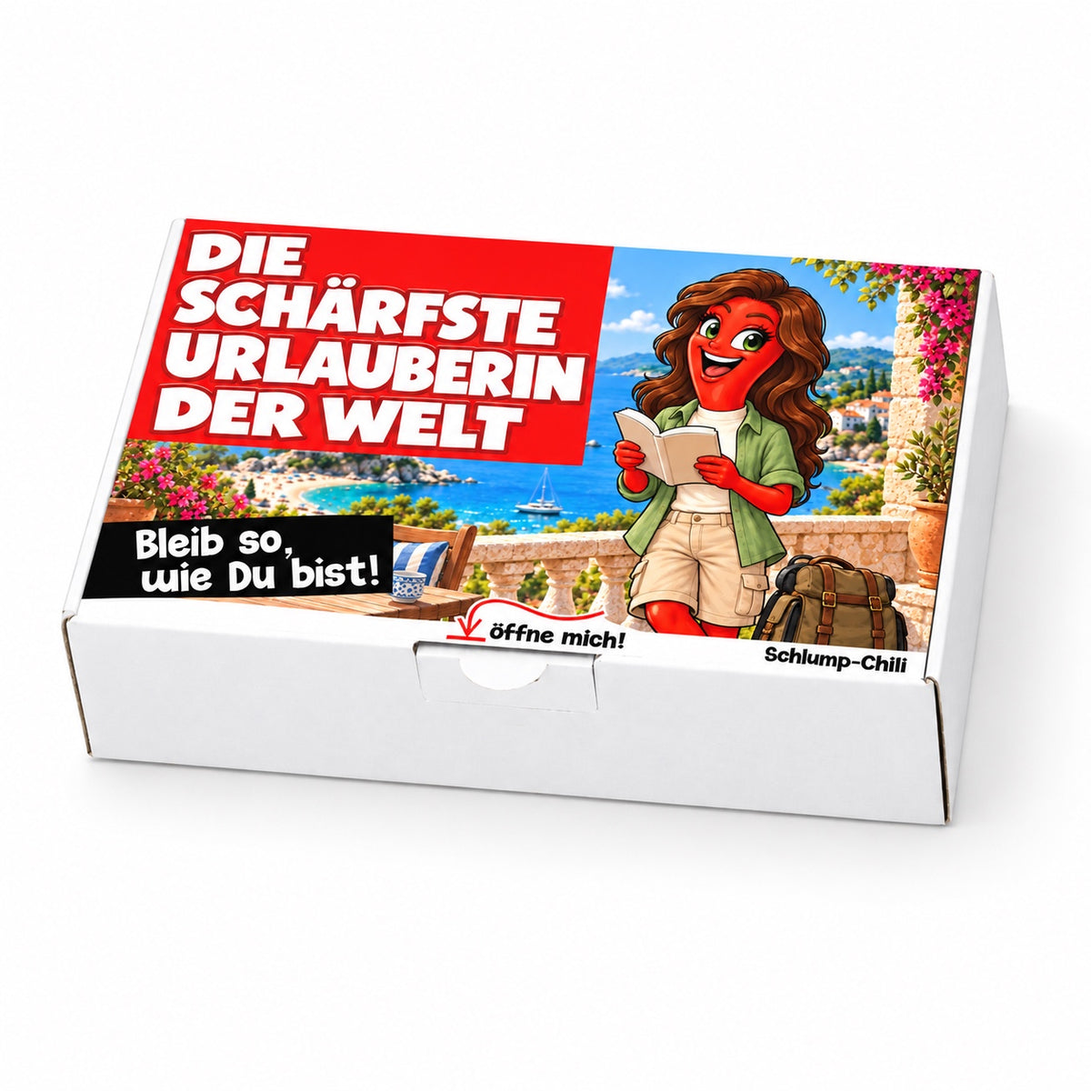 Die schärfste Urlauberin der Welt – Geschenkbox Schrägansicht