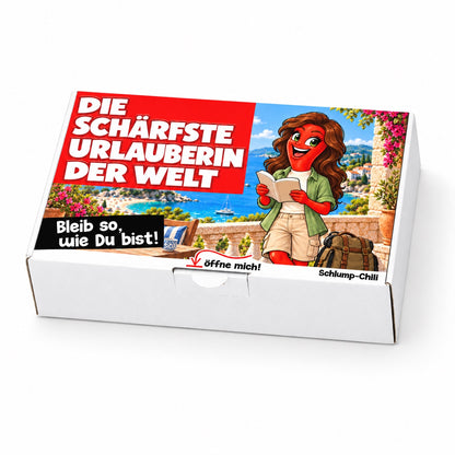 Die schärfste Urlauberin der Welt – Geschenkbox Schrägansicht