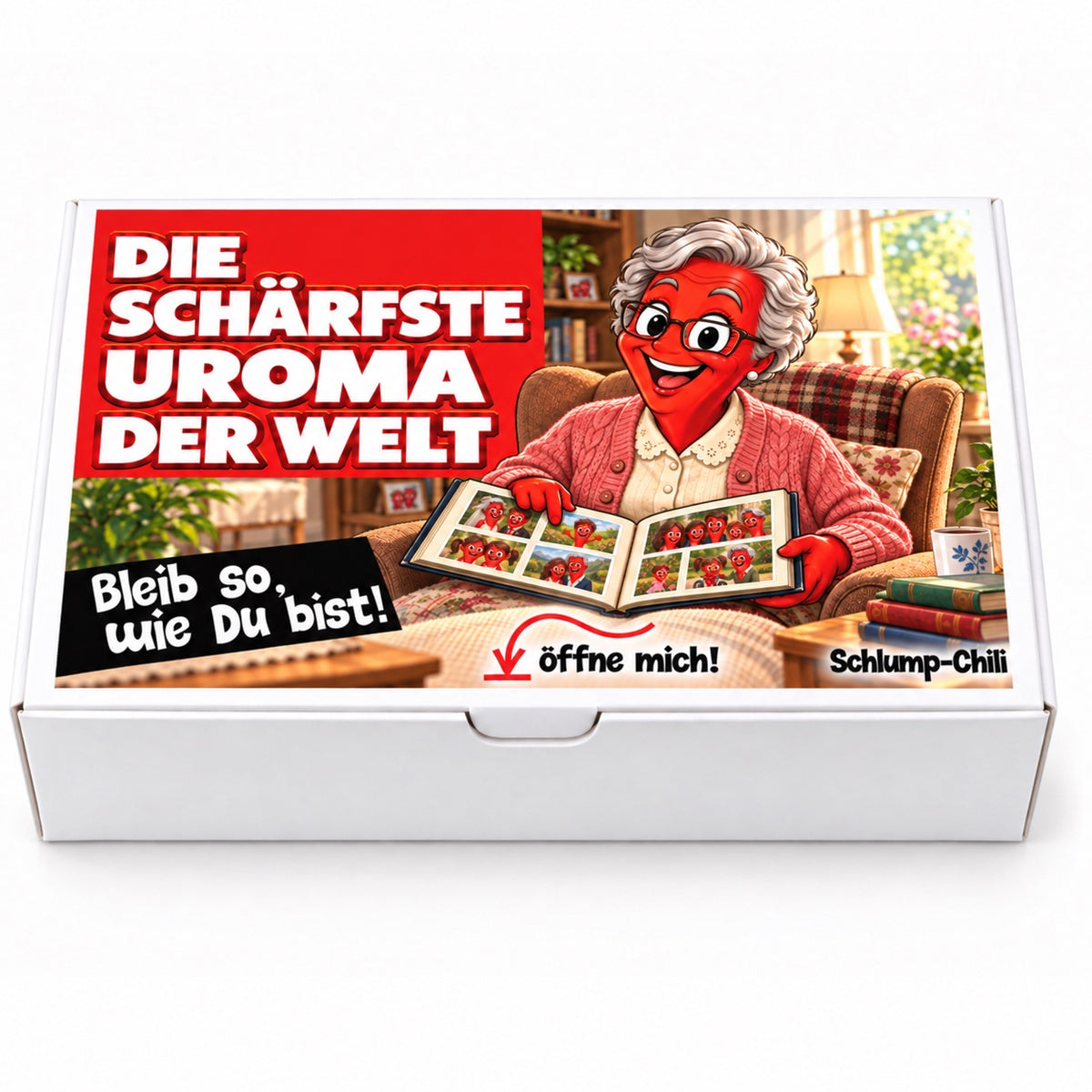 Die schärfste Uroma der Welt – weiße Geschenkbox, Vorderansicht