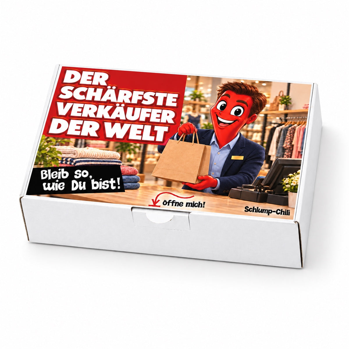 Der schärfste Verkäufer der Welt – weiße Geschenkbox, Schrägansicht
