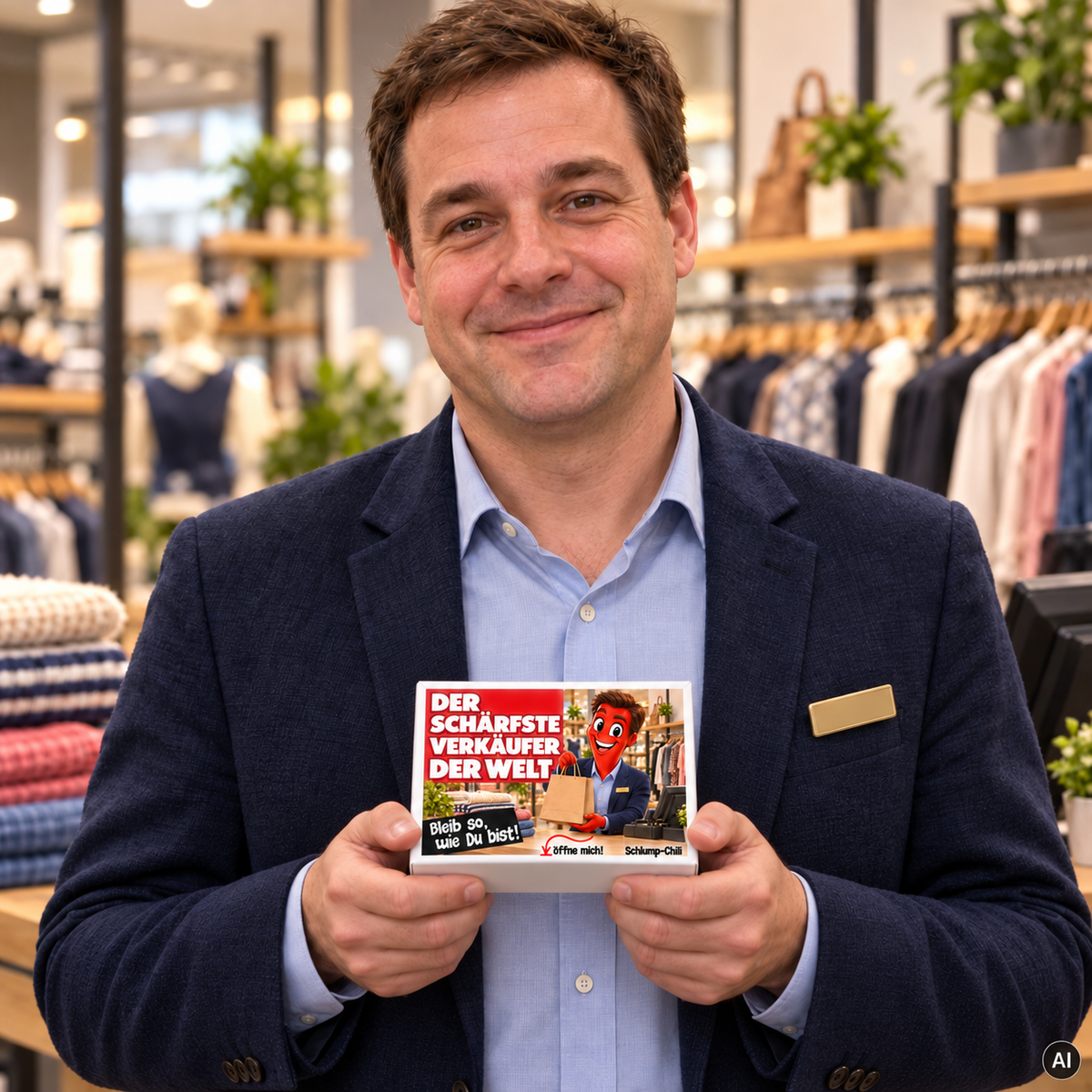 Der schärfste Verkäufer der Welt – kleine Geschenkbox in der Hand (AI)