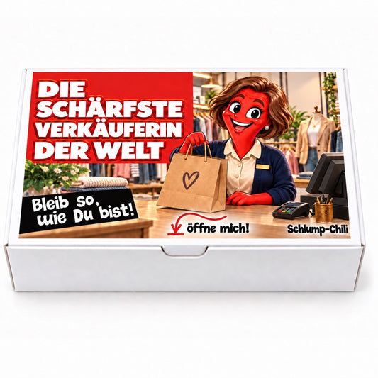 Die schärfste Verkäuferin der Welt – weiße Geschenkbox, Vorderansicht