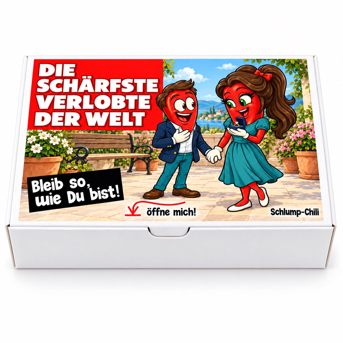 Die schärfste Verlobte der Welt – Frontansicht der Chili-Geschenkbox