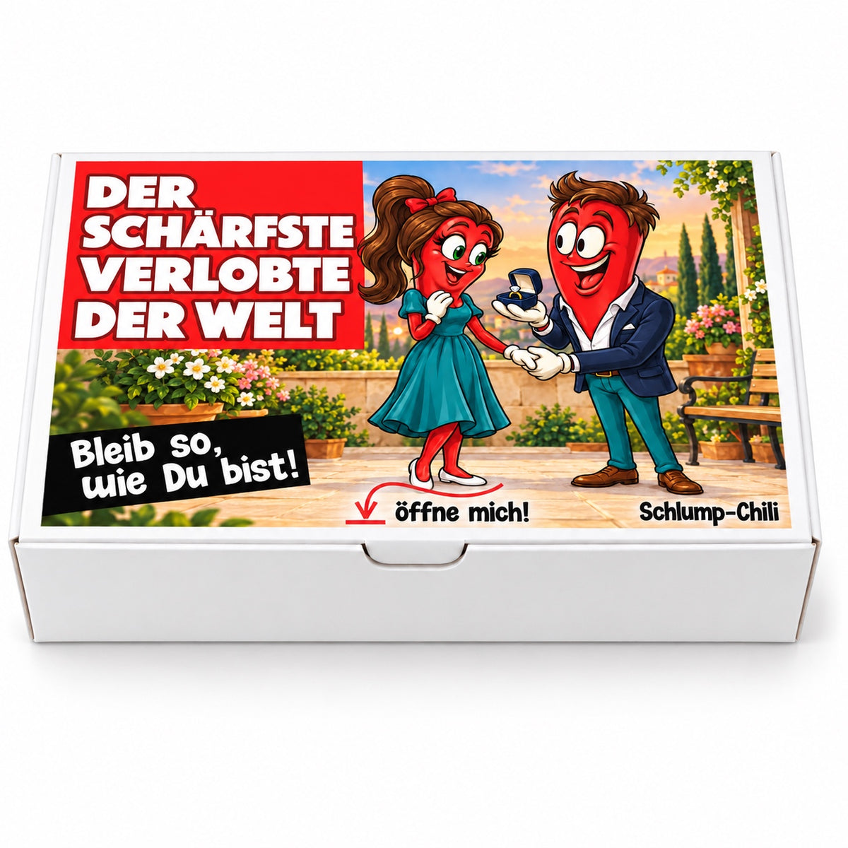 Der schärfste Verlobte der Welt – Frontansicht der Chili-Geschenkbox
