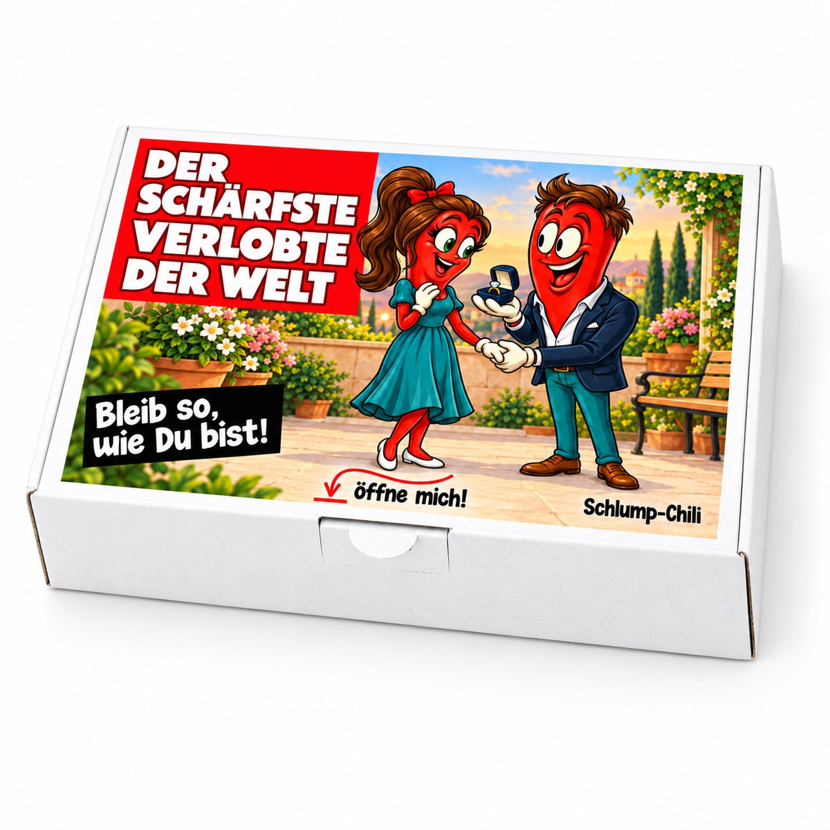 Der schärfste Verlobte der Welt – Schrägansicht der Chili-Geschenkbox