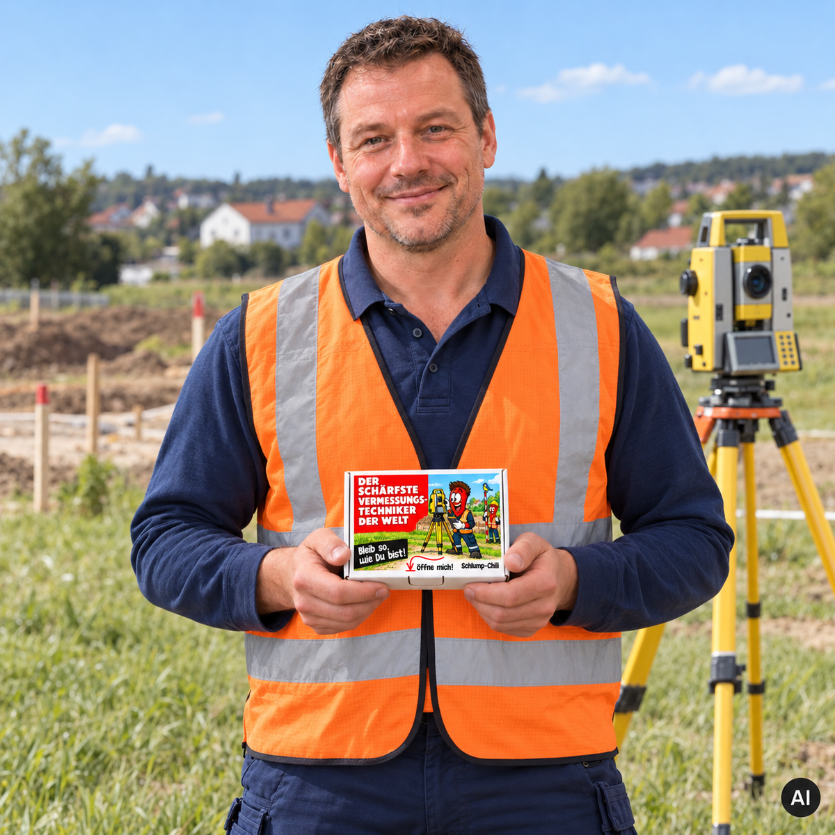 Der schärfste Vermessungstechniker der Welt – Lifestyle mit kleiner A6-Geschenkbox, AI
