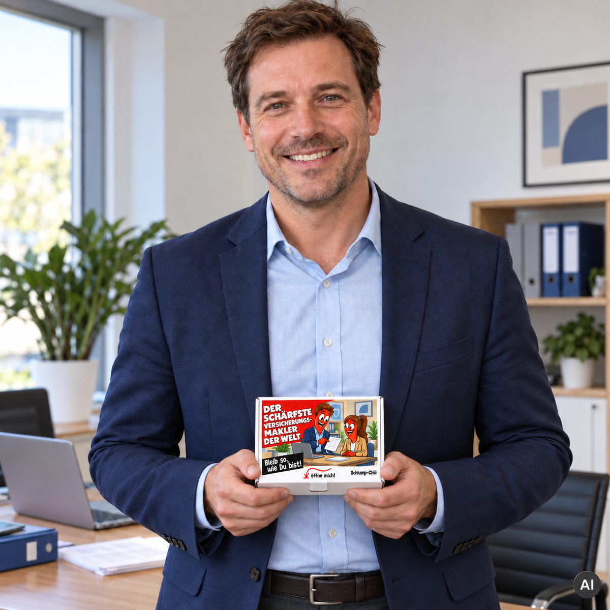Der schärfste Versicherungsmakler der Welt – kleine Geschenkbox in der Hand (AI)