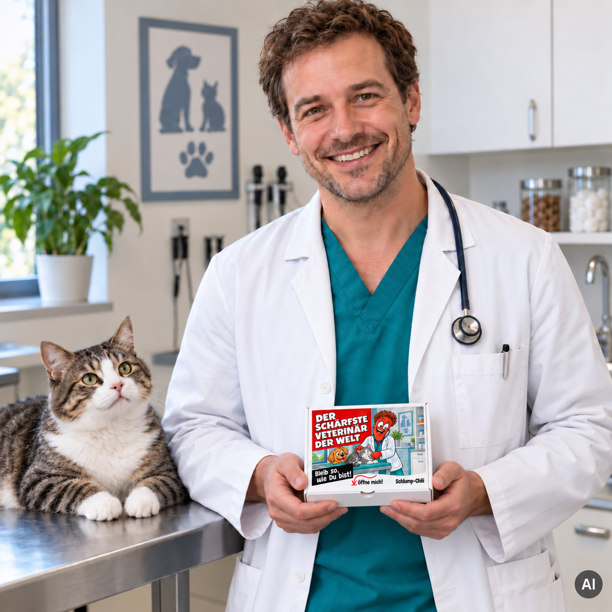 Der schärfste Veterinär der Welt – kleine Geschenkbox in der Hand (AI)